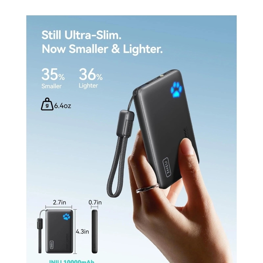 INIU Portable Charger, Ultra Slim 45W Fast Charging with Attached USB C Cable